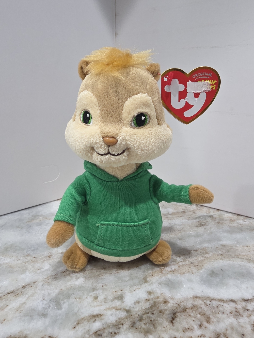 TY Plush Chipmunk in Green Hoodie with Tan Fur